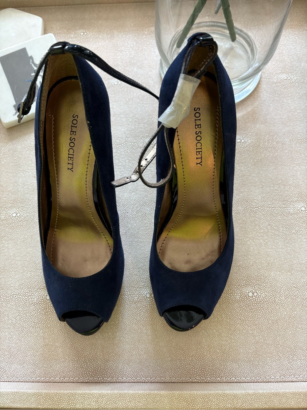Sole Society Navy Suede Peep-Toe Ankle Strap Heels